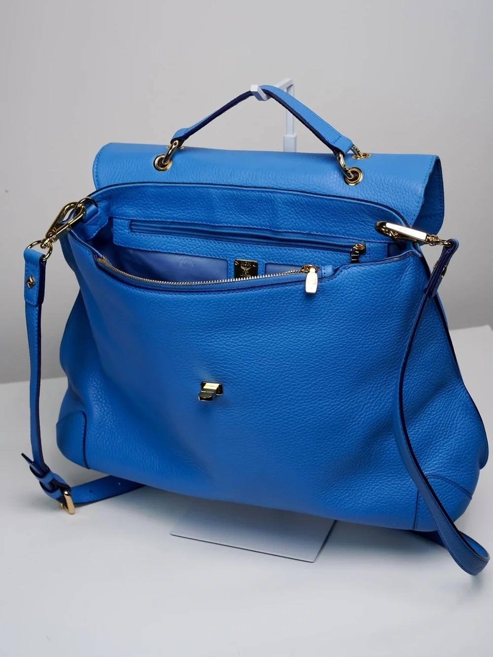 MCM First Lady Large Royal Blue Pebbled Leather Satchel Shoulder Bag